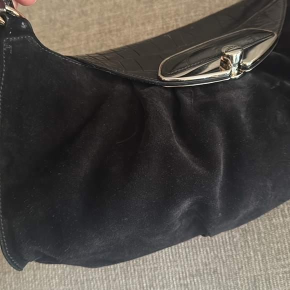 Vintage Furla Black Suede And Emboseed Crocodile Leather Shoulder Bag - Picture 7 of 14